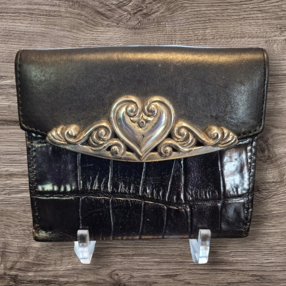 Brighton Black Croc-Embossed Wallet with Silver Heart Detail Vintage